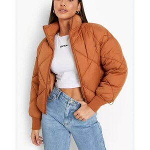 Merokeety Womens Rust Quilted Puffer Jacket With Zipper Front  Ribbed Cuffs SZ S